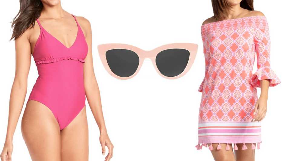 Old Navy V-Neck Ruffle-Trim Cutout One-Piece Swimsuit for Women in Raspberry Tart; AQS Leia 49mm Cat Eye Sunglasses in Pink/Black; Cabana Life Coral Geo Off the Shoulder Dress