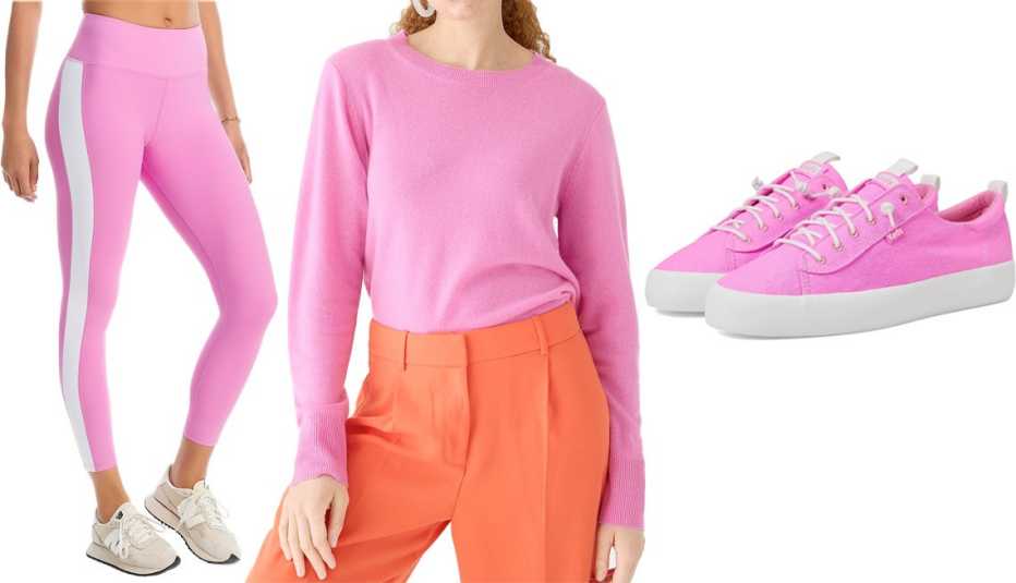Aqua Athletic High Rise Multi Contrast 7/8 Leggings in Lilac; J.Crew Classic-Fit Crewneck Sweater in Vivid Fuchsia; Keds Kickback Canvas Women’s Shoe in Neon Pink