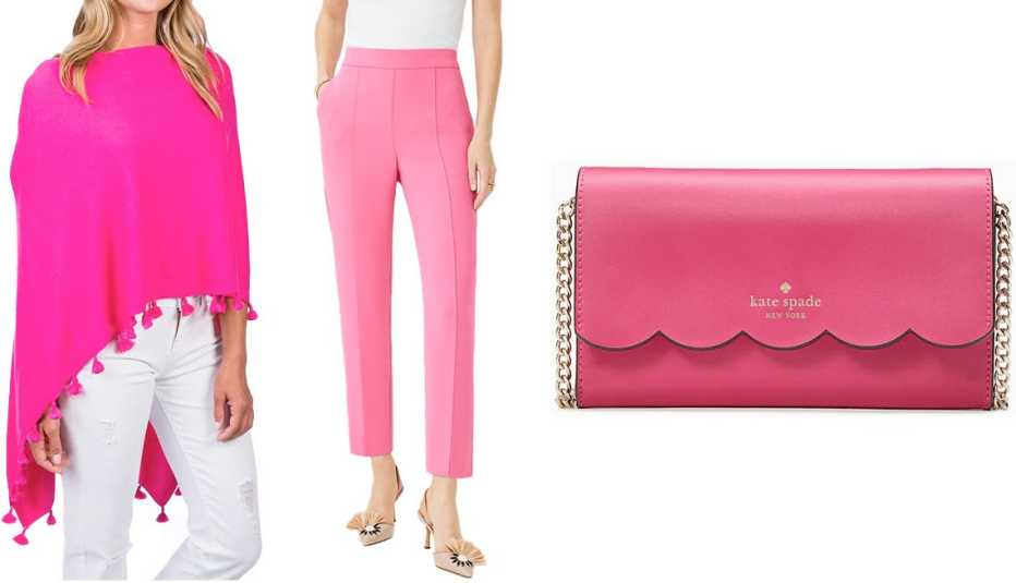 Paula & Chlo Tassel Trim Cotton Cashmere Topper in Malibu Pink; Ann Taylor The Eva Easy Ankle Pant in Pink Charm; Kate Spade Gemma Crossbody in Deep Hibiscus
