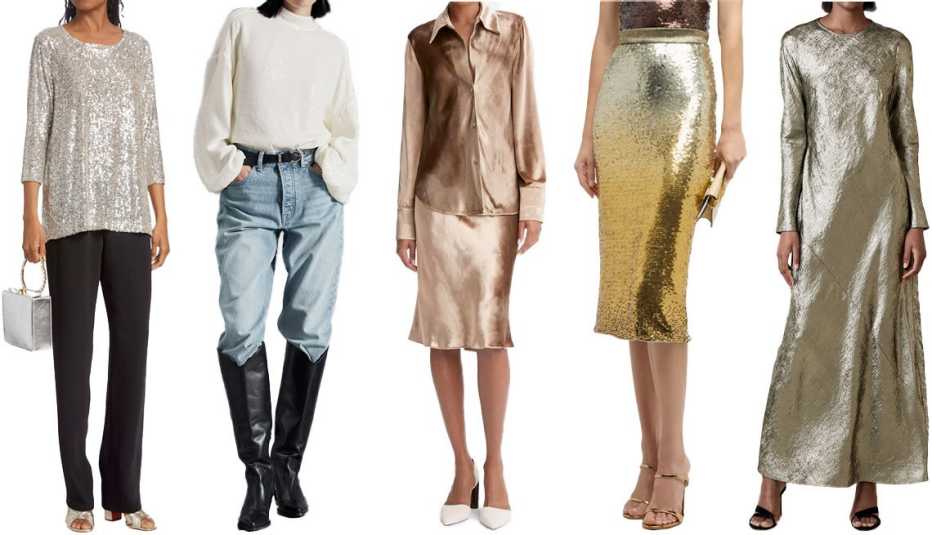 Caroline Rose Sequined Easy Knit Tunic in Silver; & Other Stories Relaxed Sequined Top in Cream; Vince Velvet Bias Long-Sleeve Shirt in Gold Shadow; Le Superbe Smokin Liza Sequin Midi Skirt in Smokey Sunset Sequin; Banana Republic Inaya Maxi Dress in Gold Bronze