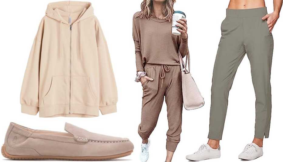 Hush Puppies Cora Loafer in Taupe; H&M Women’s Oversized Hooded Jacket in Beige; PrettyGarden Women’s Two Piece Outfit Long Sleeve Crewneck Pullover and Track Pants in Dark Khaki; RBX Active Women’s Relaxed Fit Lightweight Quick-Drying Stretch Pants with Pockets in Ribbed Side Sage