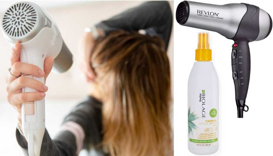 A woman blow drying her hair; Biolage Thermal Active Heat Protectant Spray ($22, ulta.com); Revlon Perfect Heat Volumizing Turbo Hair Dryer; Revlon Perfect Heat Volumizing Turbo Hair Dryer