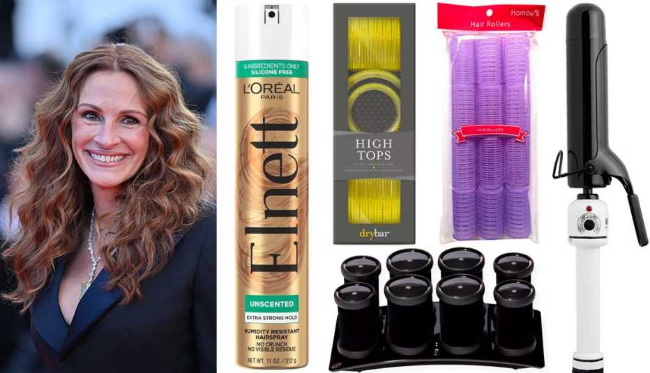 Julia Roberts; L’Oréal Paris Elnett Satin Extra Strong Hold Unscented Hair Spray; Drybar High Tops Self-Grip Rollers 6 pieces; Kamay’s Medium Size Self-Grip Hair Rollers Set; T3 Volumizing Hot Rollers Luxe Set with Dual Temperature Control; Hot Tools Pro Artist Nano Ceramic Curling Iron