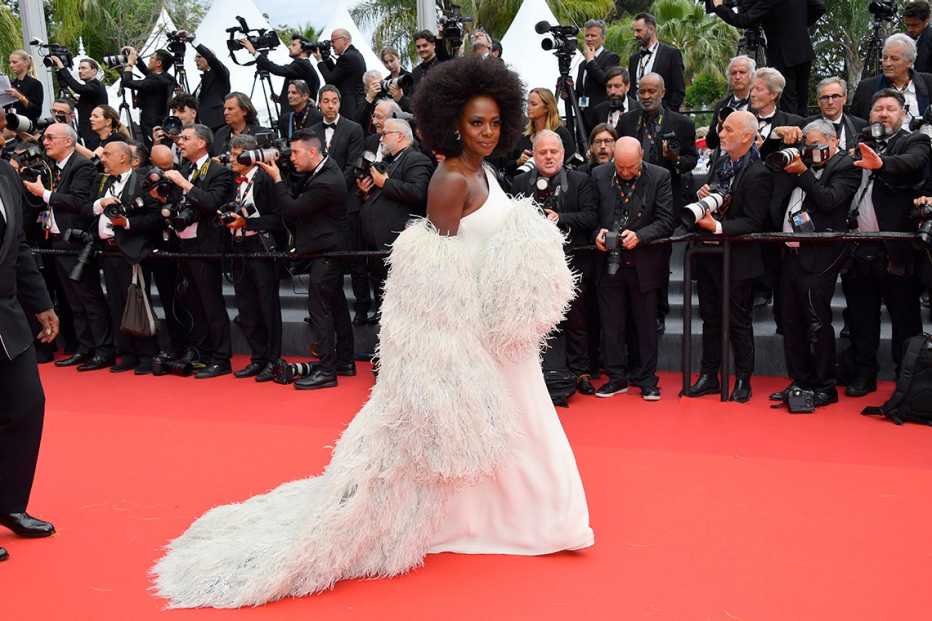 Viola Davis wearing a white one shoulder gown at the 76th annual Cannes film festival