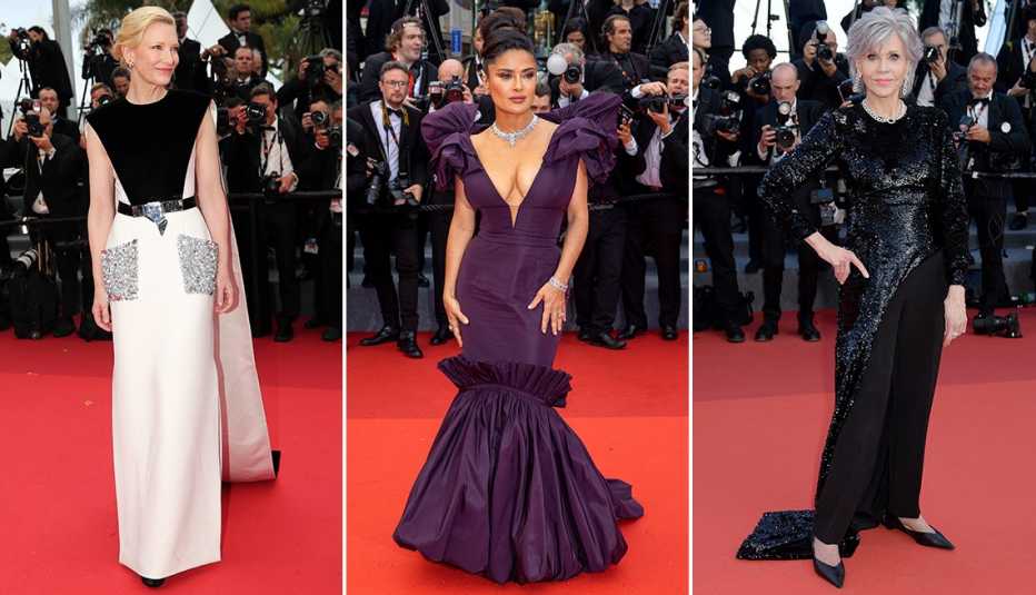 Cate Blanchett, Salma Hayek and Jane Fonda each on the red carpet at the 76th annual Cannes Film Festival