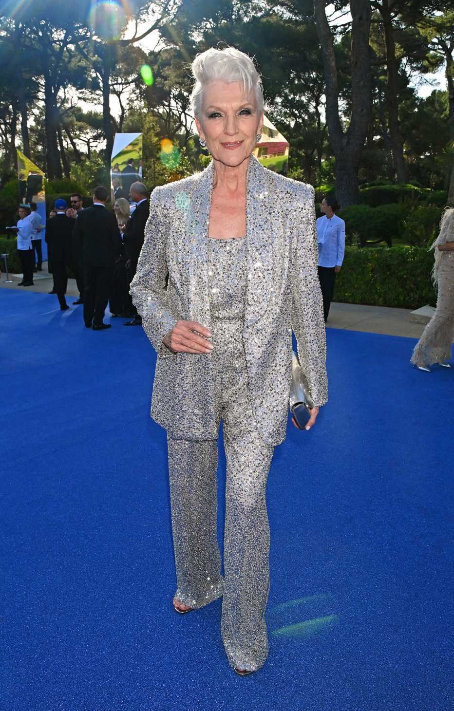 Maye Musk wearing a silver-sequined suit at the amfAR Cannes Gala 2023