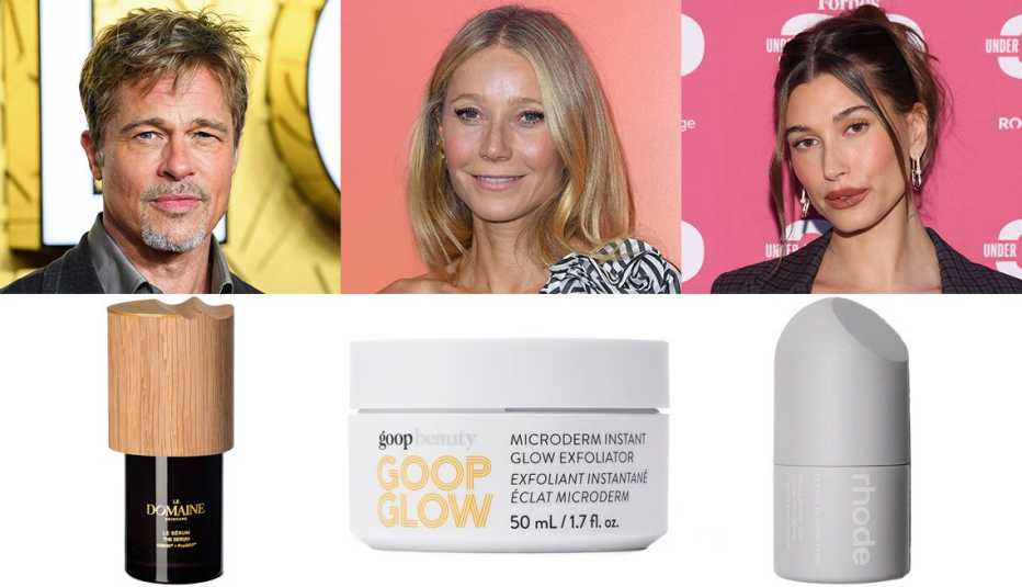 Brad Pitt above his Le Domaine Skincare The Serum product, Gwyneth Paltrow above her Goop Beauty GoopGlow Microderm Instant Glow Exfoliator and Hailey Bieber above her Rhode by Hailey Bieber Peptide Glazing Fluid