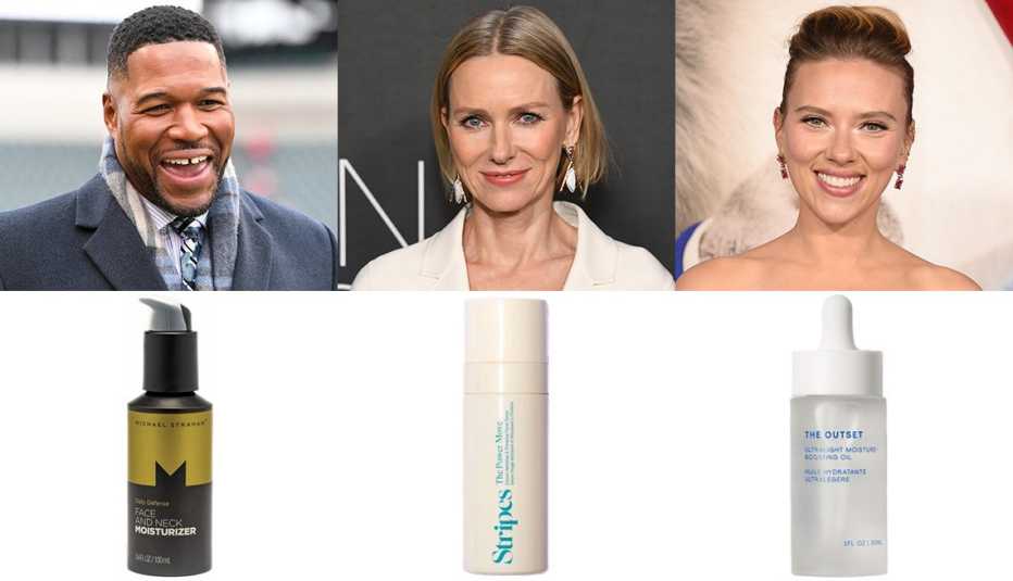 Michael Strahan above a bottle of Michael Strahan Daily Defense Face and Neck Moisturizer, Naomi Watts above a bottle of Stripes The Power Move Plumping Facial Serum and Scarlett Johansson above a bottle of The Outset Moisture-Boosting Oil