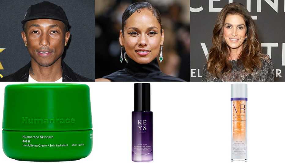 Pharrell Williams above a jar of Humanrace Humidifying Face Cream, Alicia Keys above a bottle of Keys Soulcare Let Me Glow Illuminating Serum and Cindy Crawford above a bottle of Meaningful Beauty Cindy Crawford Youth Activated Melon Serum 