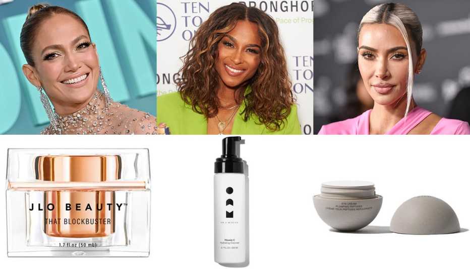 Jennifer Lopez above a container of JLo Beauty That Blockbuster Cream with hyaluronic acid, Ciara above a bottle of OAM by Ciara Vitamin C Hydrating Cleanser and Kim Kardashian above a case of Skkn by Kim Eye Cream