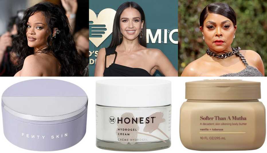 Rihanna above a jar of Fenty Skin by Rihanna Instant Reset Brightening Overnight Recovery Gel-Cream with Niacinamide + Kalahari Melon Oil, Jessica Alba above a jar of Honest Hydrogel Cream and Taraji P. Henson above a jar of Body by TPH Softer Than A Mutha Body Butter Vanilla + Tuberose