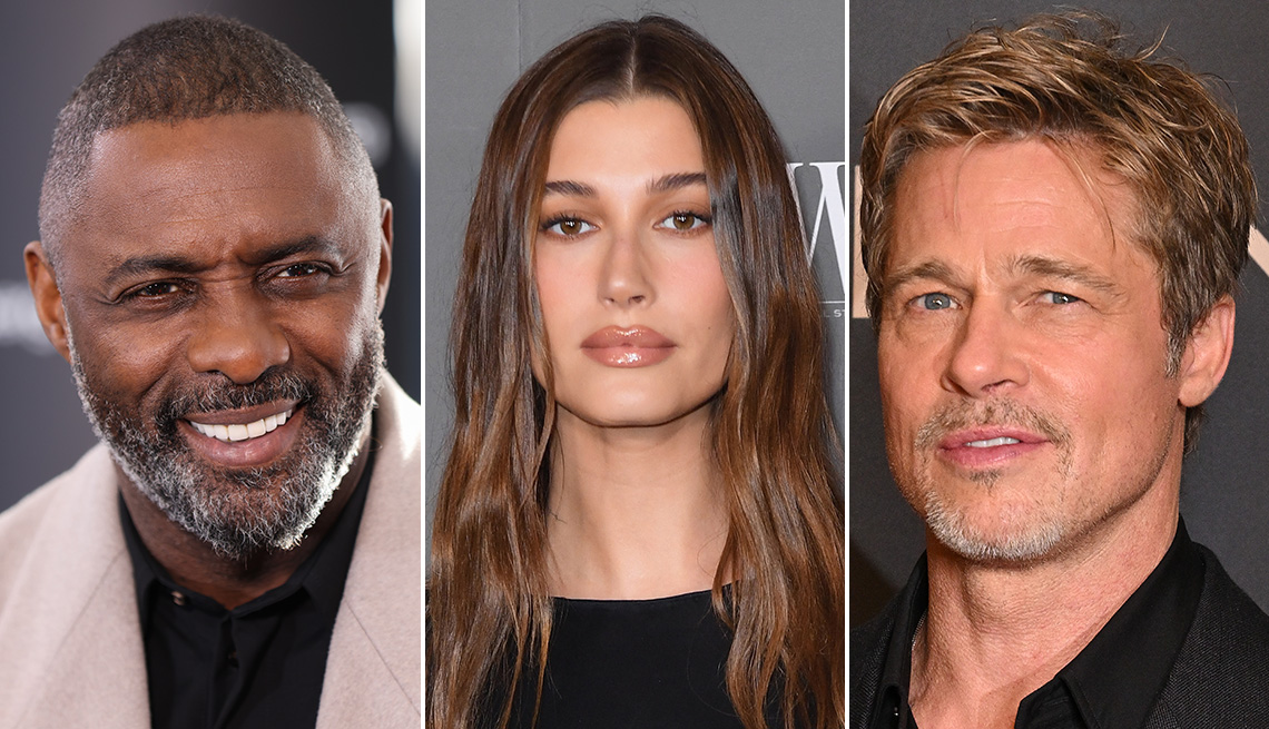Closeup on the faces of Idris Elba, Hailey Bieber and Brad Pitt side by side