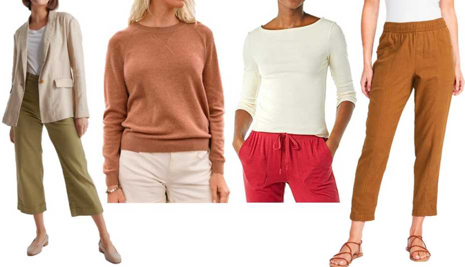 Quince 100% European Linen Blazer in Driftwood; Garnet Hill Washable Cashmere Sweatshirt in Bronzer; Amazon Essentials Women’s Slim-Fit 3/4 Sleeve Solid Boat Neck T-Shirt in Oatmeal Heather; Old Navy High-Waisted Cropped Linen-Blend Taper Pants for Women in Sisal