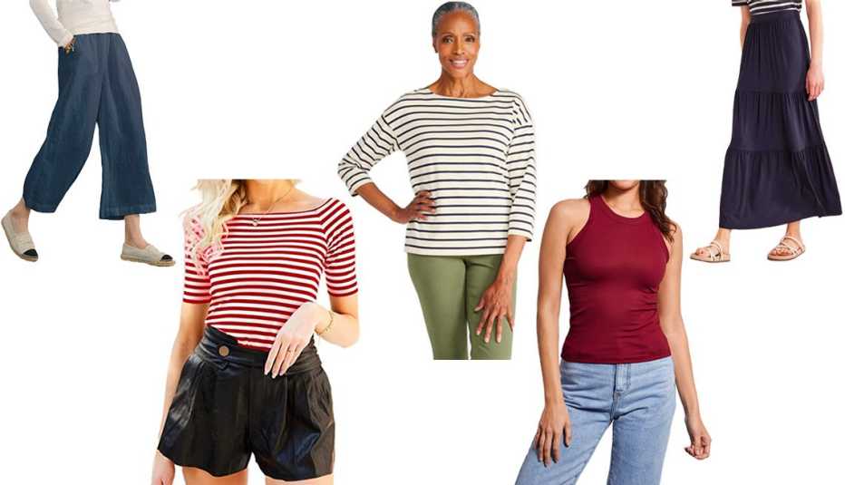 Ecupper Women’s Casual Loose Elastic Waist Cotton Trouser Cropped Wide Leg Pants in Dark Blue; LilyCoco Women’s Short Sleeve Vogue Fitted Off-Shoulder Modal T-Shirt in Elbow Sleeve Red Stripe; L.L.Bean Women’s Heritage Mariner Top Boatneck Three-Quarter-Sleeve Stripe in Classic Navy/Sailcloth; Easy Standard Rib Fitted Racer Tank in Cherry; Boden Women Jersey Maxi Skirt in Navy