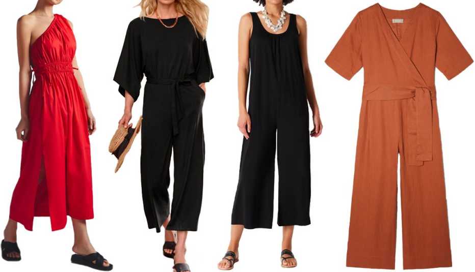 Faithfull One-Shoulder Maxi Dress in Cherry Tomato; Garnet Hill Prato Knit Jumpsuit in Black; J. Jill Knit Patch-Pocket Jumpsuit in Black; Everlane The Linen Cross-Front Jumpsuit in Cocoa Brown