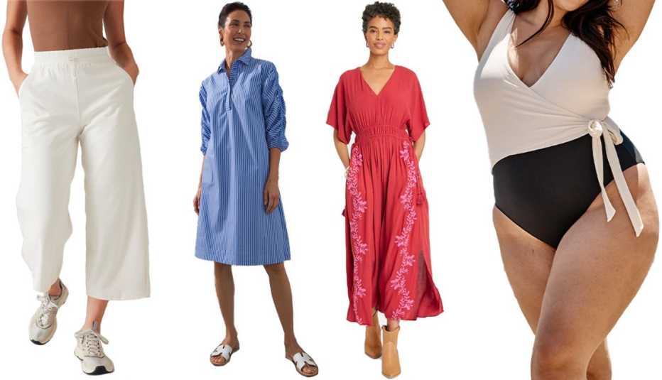 Athleta Triumph Hybrid Wide Crop in Magnolia White; Chico’s Striped Poplin Ruched Sleeve Dress in Wisteria Blue; Knox Rose Women’s Flutter Short-Sleeve Embroidered Kaftan A-Line Dress in Red Floral; Summersalt The Perfect Wrap One-Piece in Sea Urchin & White Sand