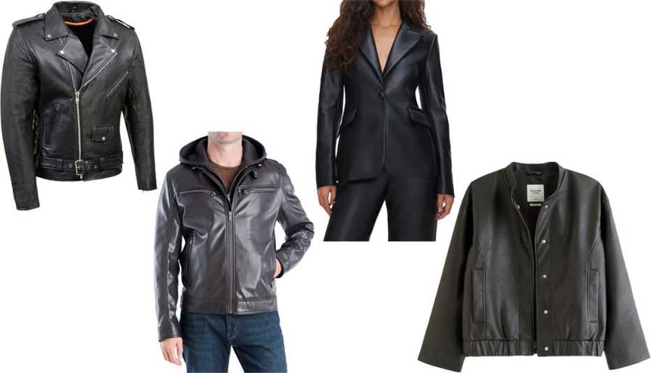 Milwaukee Leather SH1011 Black Classic Brando Motorcycle Jacket for Men; Michael Michael Kors Men’s Faux-Leather Hooded Bomber Jacket in Espresso; Good American Sculpted Faux Leather Blazer in Black 001; Abercrombie & Fitch Women’s Vegan Leather Bomber Jacket in Black