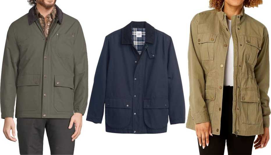 Blake Shelton X Lands’ End Men’s Flannel Lined Waxed Cotton Chore Jacket in Forest Moss; Gap Men’s Canvas Field Jacket in New Classic Navy; a.n.a. Women’s Regular Utility Jacket in Dusky Green