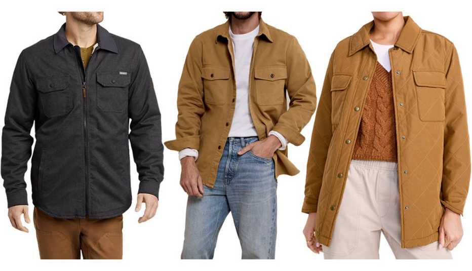 Eddie Bauer Men’s Eddie’s Favorite Faux Shearling-Lined Flannel Shirt Jacket in Gray Smoke; Banana Republic Men’s Malo Twill Shirt Jacket in Khaki; Old Navy Quilted Utility Shacket for Women in Spiced Saffron