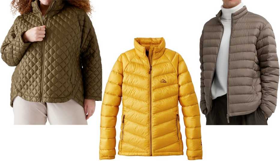 Athleta Whisper Featherless Jacket in Acacia Olive; L.L. Bean Women’s Ultralight 850 Down Jacket in Field Gold; Uniqlo Men’s Ultra Light Down Jacket (Narrow Quilt) in 37 Brown