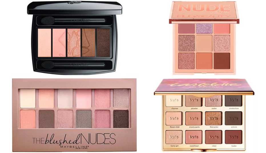 Lancôme Color Design Eyeshadow Palette in French Nude; Huda Beauty Nude Obsessions Eyeshadow Palette in Nude Light; Tartelette In Bloom Clay Eyeshadow Palette; Maybelline the Blushed Nudes Eyeshadow Palette