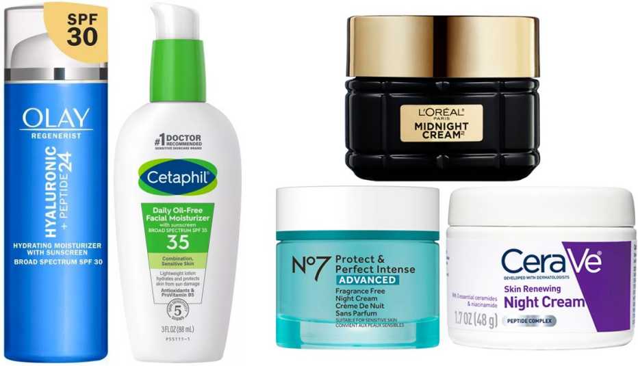 Olay Regenerist Hyaluronic + Peptide 24 Fragrance-Free Face Moisturizer SPF 30; ​Cetaphil Daily Face Moisturizer SPF 35; No7 Protect & Perfect Intense Advanced Fragrance-Free Night Cream; L’Oréal Paris Age Perfect Cell Renewal Midnight Cream; CeraVe Skin-Renewing Night Cream Peptide Complex