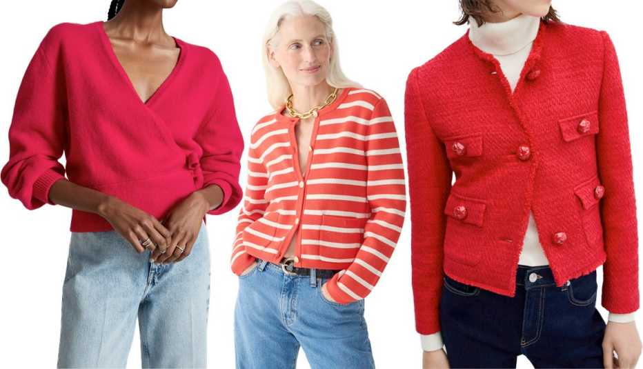 & Other Stories Wrap Sweater in Ruby Red; J.Crew Emilie Patch-Pocket Sweater Lady Jacket in Stripe in Red Moroccan Sand; Mango Pocket Tweed Jacket in Red