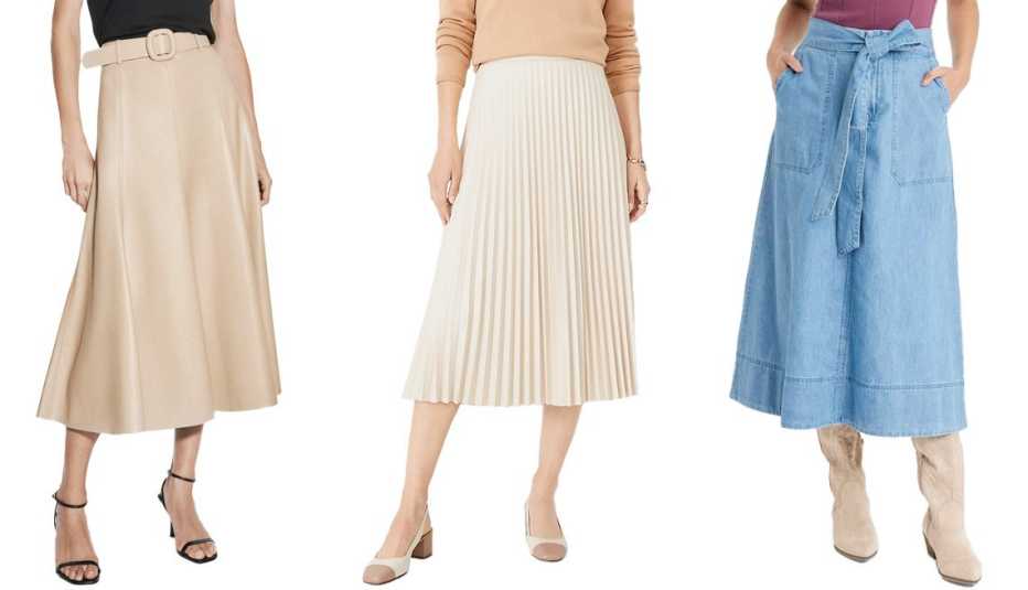 Zara Women Faux Leather Midi Skirt in Sand; Ann Taylor Faux Leather Midi Skirt in Almondine; Universal Thread Women’s Tie Front Midi Jean Skirt in Blue Denim