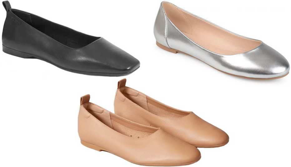 Vagabond Shoemakers Delia Flat in Black; Journee Collection Kavn Ballet Flat in Silver; Everlane The Italian Leather Day Glove in Caramel