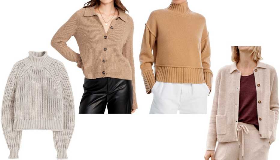 H&M Knit Sweater in Light Taupe; Old Navy Shaker-Stitch Collared Cardigan Sweater for Women in Belgian Waffle; Aqua Boxy Mock Neck Cashmere Sweater in Camel; Garnet Hill Ida Cashmere Cardigan in Oat Heather