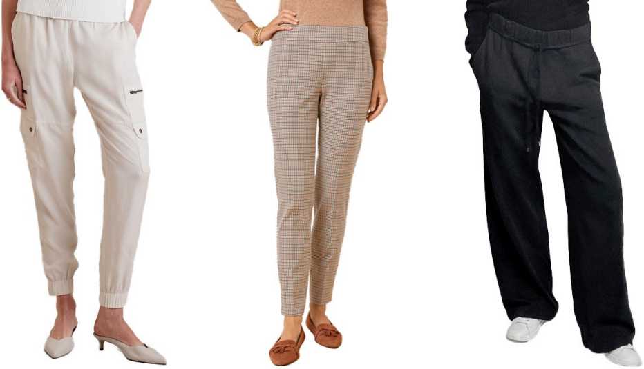 Banana Republic Tencel Cargo Jogger in Transition Cream; Talbots Chatham Ankle Pants in Toasty Check; Zara Elastic Waist Wide Leg Pants in Black