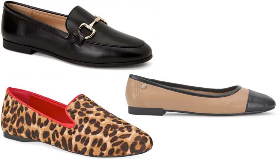 Alfani Women’s Gayle Loafers in Black; Vince Camuto Minndy Cap Toe Flat in Beige/Black ; Birdies The Starling in Leopard Tipped Calf Hair