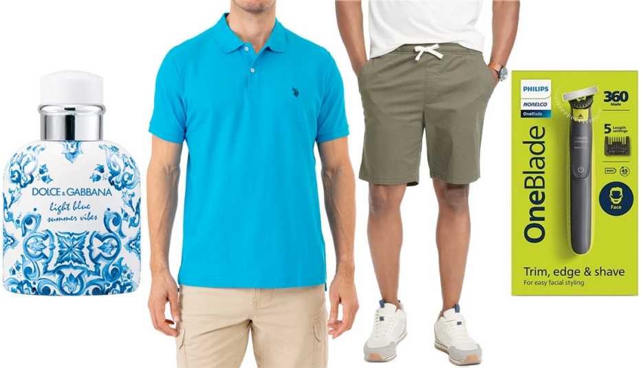 Dolce & Gabbana Men’s Light Blue Summer Vibes Pour Homme Eau de Toilette Spray; U.S. Polo Assn. Men’s Performance Pique Polo in Downtown Blue; Goodfellow & Co Men’s 8-Inch Everyday Pull On Shorts in Green; Philips Norelco Men’s 360 Face Hybrid Electric Trimmer and Shaver QP2724/70