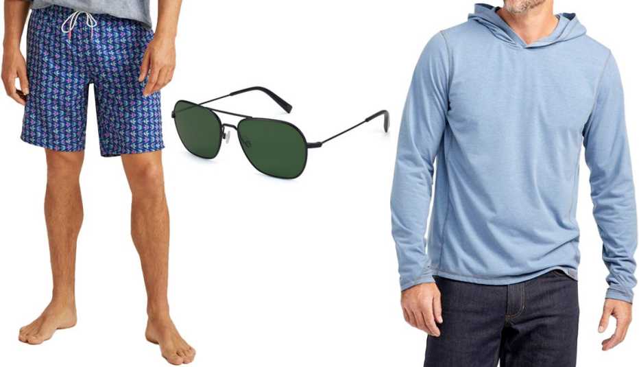 Bonobos Riviera Recycled Swim Trunks in Navy Pink Fish Waves or Zig Zag Geo; Warby Parker Abe Sunglasses for Men in Brushed Ink; L.L. Bean Men’s Insect Shield Hoodie in Baltic Blue