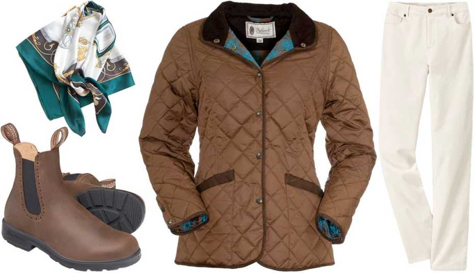 Blundstone #2151 Women’s Originals High Top Boots in Antique Brown; 100% Mulberry Silk Printed Square Shawl Scarf in Dark Green; Outback Trading Company Women’s Barn Jacket in Brown; Coldwater Creek Pinwale Pull-on Stretch Corduroys in Antique White