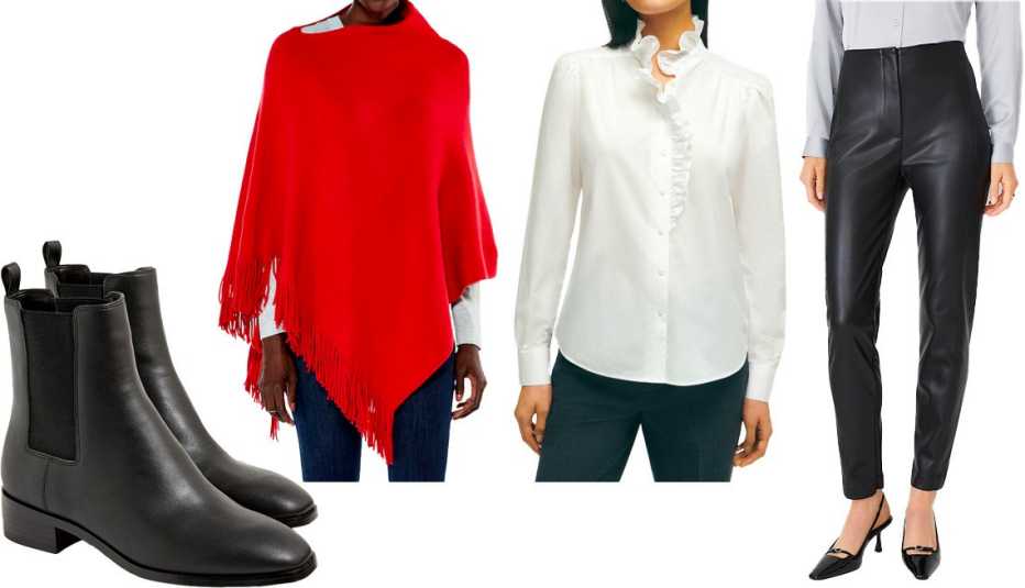 Women’s Chelsea Boots in Black; Nic + Zoe Go To Poncho in Dahlia; Cotton Ruffle Placket Shirt in White; The Audrey Pant in Faux Leather in Black