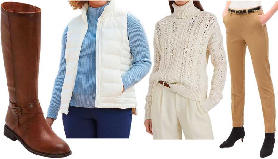 Frye and Co. Women’s Gaylin Stacked Heel Riding Boots in Cognac; ​Lands’ End Women’s Plus-Size Down Puffer Vest in Ivory; Lauren Cable-Knit Cotton-Blend Turtleneck in Marscapone Cream; Mid Rise BiStretch Ankle-Zip Slim Pants in Camel
