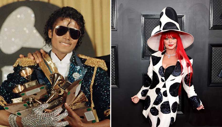Michael Jackson holding several trophies in his arms at the 26th Annual Grammy Awards; Shania Twain on the red carpet at the 65th Grammy Awards