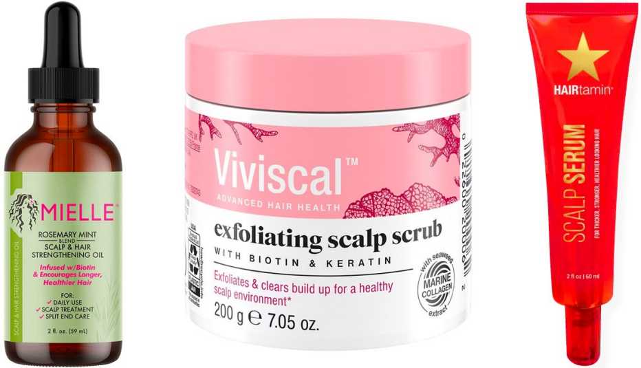 Mielle Organics Rosemary Mint Scalp & Hair Strengthening Oil; Viviscal Exfoliating Scalp Scrub; HAIRtamin Scalp Serum