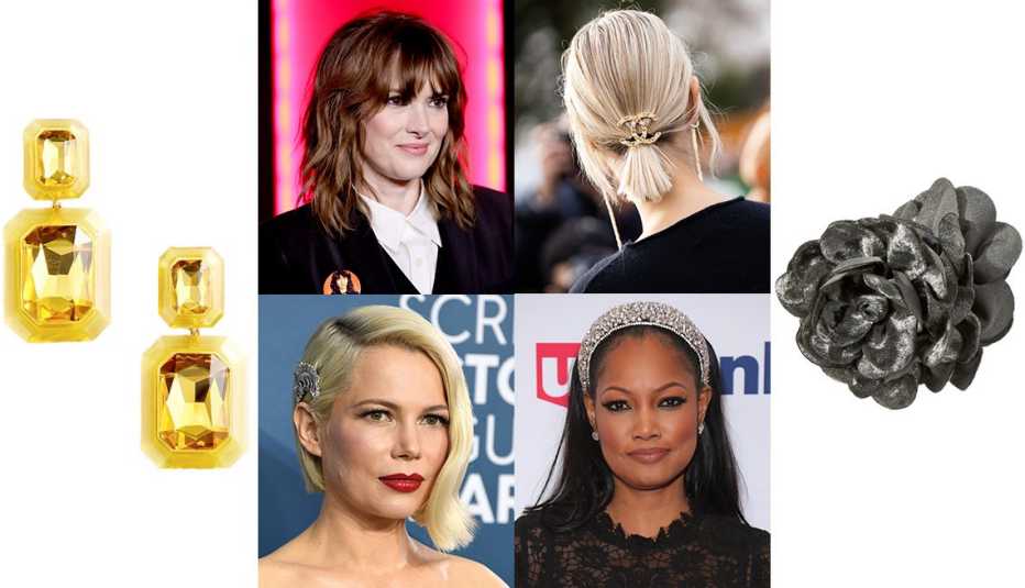 J. Crew Women Oversized Faceted-Crystal Drop Earrings; Winona Ryder with layered shag hairstyle; a woman with a bob pulled back into a tail with a sparkly barrette; By Anthropologie Rosette Hair Claw Clip in Grey; Garcelle Beauvais wearing a sparkly hairband; Michelle Williams wearing a sparkly barrette with an asymmetrical bob