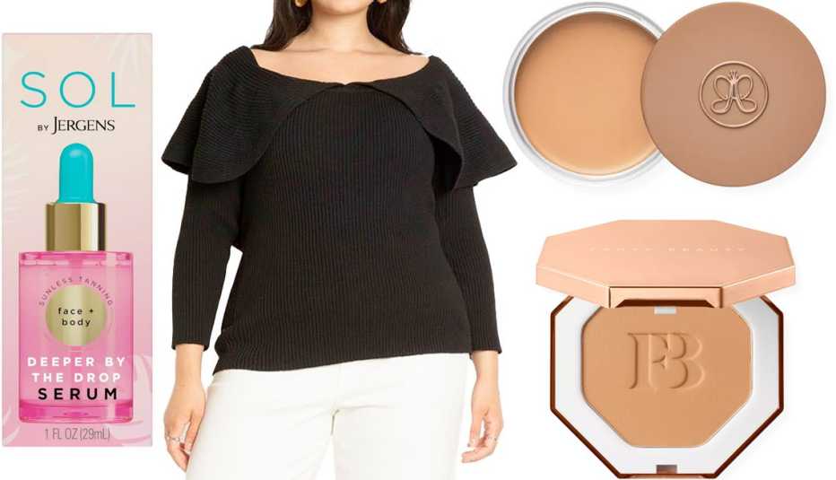 Sol by Jergens Deeper by the Drop Face and Body Serum; Eloquii Off the Shoulder Sweater With Flounce in Black; Anastasia Beverly Hills Cream Bronzer; Fenty Beauty by Rihanna Sun Stalk’r Instant Warmth Bronzer