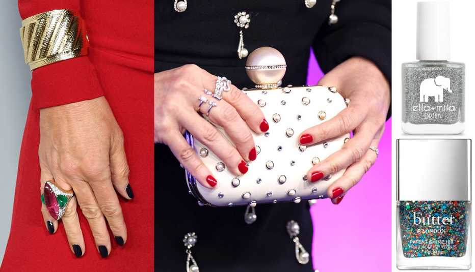 A closeup of Connie Britton's dark nail polish, statement ring and gold cuff against a red outfit; a closeup of Sarah Michelle Gellar's red nails and sparkly rings; Ella + Mila Dream Nail Polish Collection in On Thin Ice; Butter London Patent Shine 10X Nail Lacquer All You Need Is Love