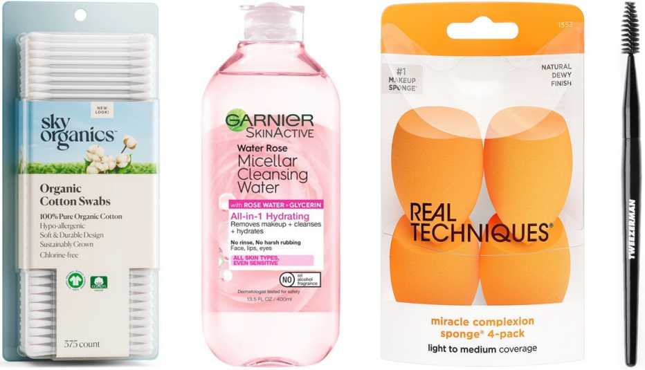 Sky Organics Organic Cotton Swabs for Sensitive Skin; Garnier SkinActive Micellar Cleansing Water With Rose Water; Real Techniques 4 Miracle Complexion Sponges; Tweezerman Shaping Spiral Brow & Lash Brush