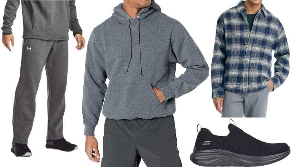 Under Armour Men’s Rival Fleece 2.0 Team Pants in Carbon Heather/White-090; Russell Athletic Men’s Dri-Power Fleece Hoodie in Black Heather Pullover; Goodfellow & Co Men’s Heavyweight Long Sleeve Button Down Shirt in Blue; Skechers Mens Vapor Foam-Covert Slip On Casual Sneakers from Finish Line in Black