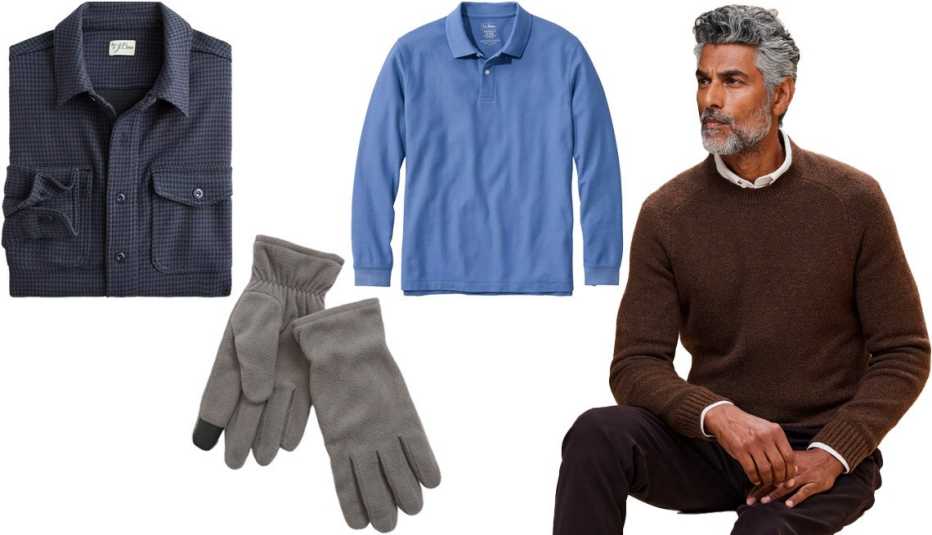 (Left to right) J. Crew Seaboard Soft Knit Shirt in Sam Houndstooth Blue Na; Gap Factory Cozy Smartphone Gloves in Charcoal Gray; L.L. Bean Men’s Premium Double L Polo, Long-Sleeve Without Pocket in Atlantic Blue; Banana Republic Factory Cozy Crew-Neck Sweater in Brown