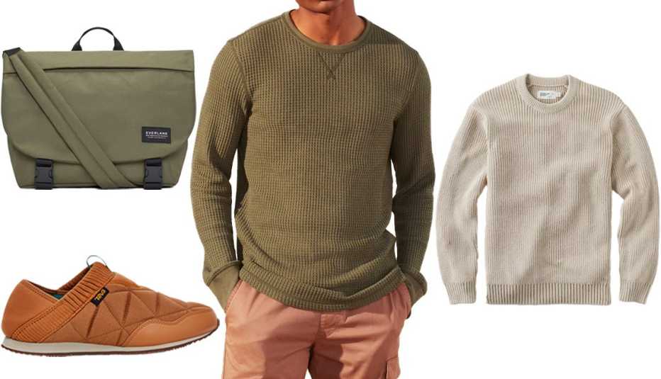 Teva ReEmber in Cashew; The ReNew Transit Messenger in Kalamata; UpWest Cozy Up Waffle Crewneck Tee in Casual New Olive; Wellen Bolinas Recycled Cotton Crewneck Sweater in Natural