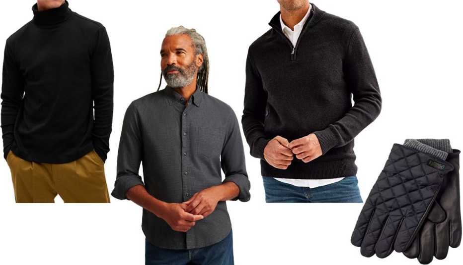 Gap Men Turtleneck T-Shirt in True Black; Sonoma Goods for Life Men’s Quarter-Zip Sweater in Midnight Black; Bonobos Everyday Lightweight Flannel Shirt in Charcoal Houndstooth; Polo Ralph Lauren Touch Quilted Field Glove in Black