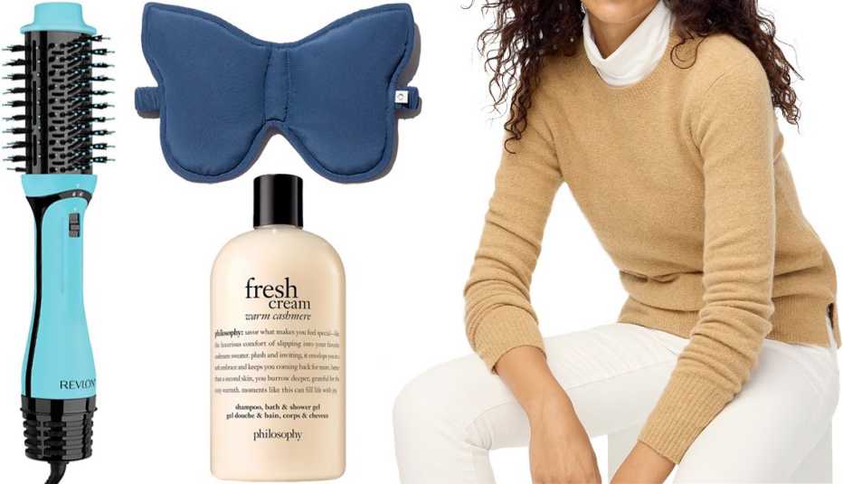 Revlon One Step Volumizer PLUS 2.0 Hair Dryer and Hot Air Brush in Mint; The Sleep Code Washable Silk Butterfly Sleep Mask in Navy; J. Crew Factory Crewneck Sweater in Extra Soft Yarn in Hthr Acorn; Philosophy 3-in-1 Shampoo, Shower Gel and Bubble Bath in Fresh Cream Warm Cashmere