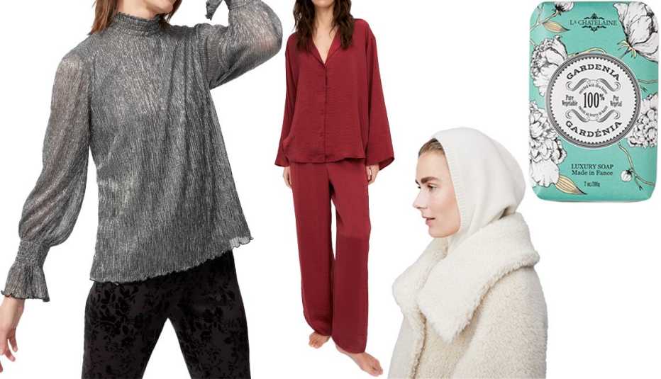 Chico’s Mock Neck Metallic Crinkle Top in Black; H&M Women Pajama Shirt and Pants in Dark Red; & Other Stories Fitted Cashmere Hood in Cream; La Chatelaine Luxury Bar Soap in Gardenia