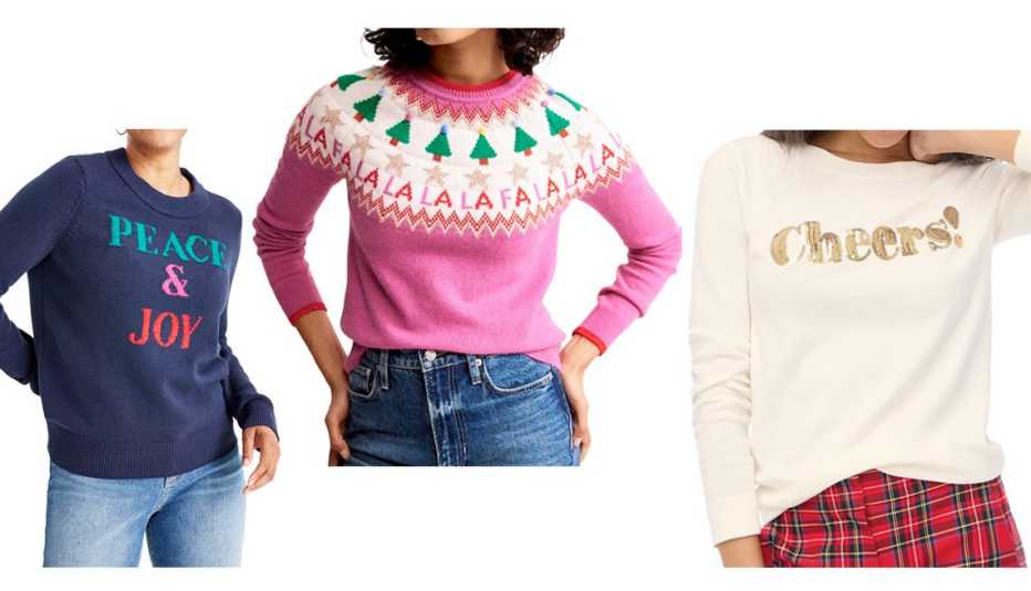 Style & Co Women’s Graphic Crewneck Long-Sleeve Sweater in Industrial Blue; Boden Edie Holiday Fair Isle Crewneck in Vibrant Pink; “Cheers” Teddie Sweater in Sequin Cheers